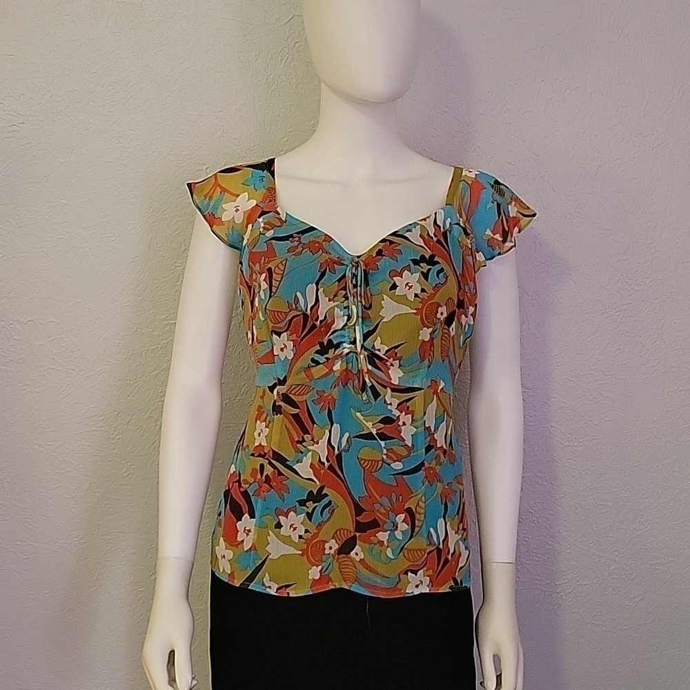 VTG Bentley A Retro Miami Teal Lime Green Fairycore Floral Chiffon Blouse - Picture 3 of 7